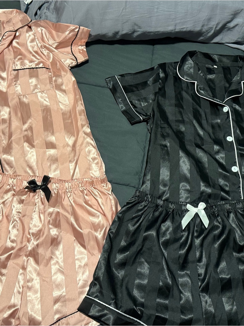 Satin Striped Short Pajama Set - Black & Blush